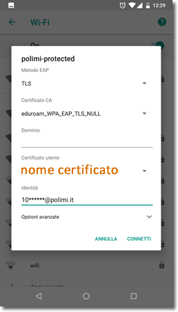 schermata selezione certificato