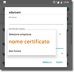 schermata di selezione del certificato